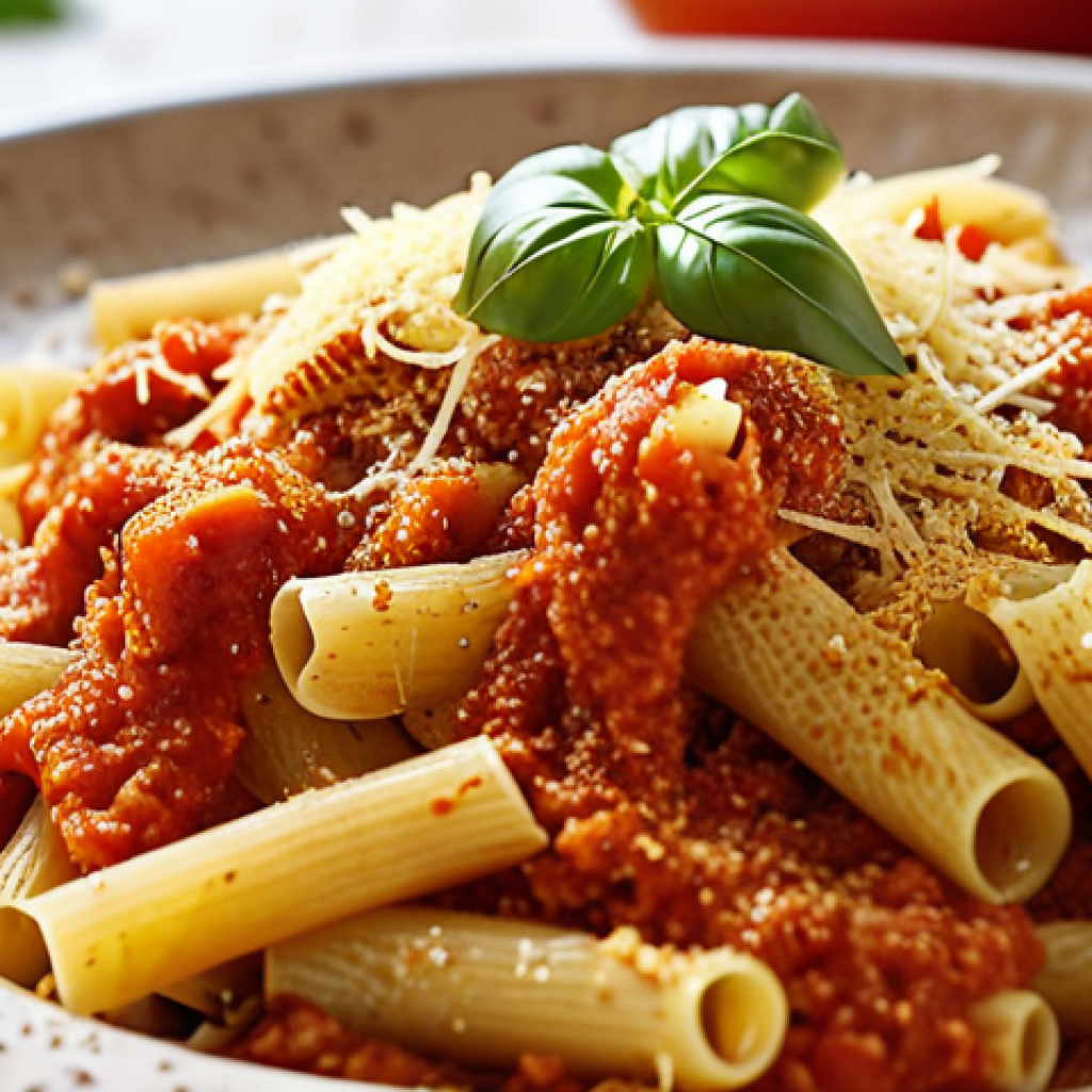 **

Close-up of vegan pasta dish topped with nutritional yeast flakes, resembling parmesan cheese, sprinkled over a hearty tomato sauce. Focus on the texture and color contrast.

**