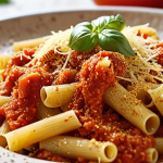 **

Close-up of vegan pasta dish topped with nutritional yeast flakes, resembling parmesan cheese, sprinkled over a hearty tomato sauce. Focus on the texture and color contrast.

**