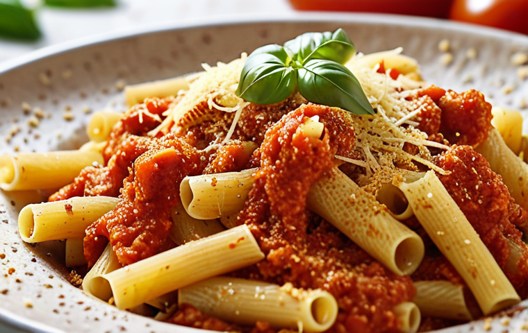 **

Close-up of vegan pasta dish topped with nutritional yeast flakes, resembling parmesan cheese, sprinkled over a hearty tomato sauce. Focus on the texture and color contrast.

**