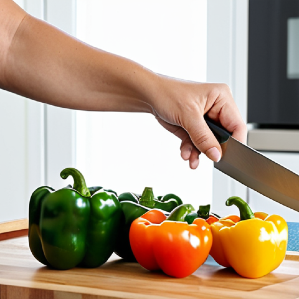 A professional, serene woman in modest, comfortable kitchen attire, expertly slicing colorful bell peppers on a large wooden cutting board in a bright, modern kitchen. Around her, neatly organized glass containers hold pre-cooked grains and legumes, suggesting efficient meal preparation. The scene is well-lit, emphasizing fresh, healthy ingredients and a sense of calm productivity. safe for work, appropriate content, fully clothed, professional, perfect anatomy, correct proportions, natural pose, well-formed hands, proper finger count, natural body proportions, professional photography, high quality, sharp focus.