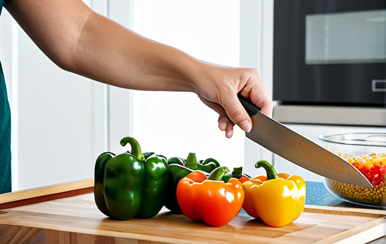 A professional, serene woman in modest, comfortable kitchen attire, expertly slicing colorful bell peppers on a large wooden cutting board in a bright, modern kitchen. Around her, neatly organized glass containers hold pre-cooked grains and legumes, suggesting efficient meal preparation. The scene is well-lit, emphasizing fresh, healthy ingredients and a sense of calm productivity. safe for work, appropriate content, fully clothed, professional, perfect anatomy, correct proportions, natural pose, well-formed hands, proper finger count, natural body proportions, professional photography, high quality, sharp focus.