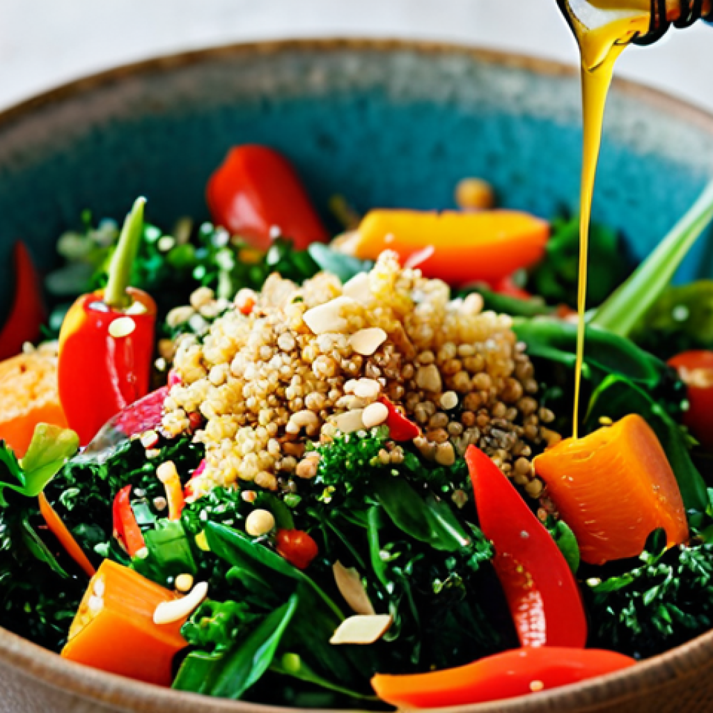 Vibrant Salad Bowl**
"A close-up shot of a colorful and nutritious salad bowl, overflowing with diverse ingredients: dark leafy greens, bright red bell peppers, orange carrots, and cooked quinoa. A drizzle of olive oil dressing is visible. Focus is on the freshness and vibrancy of the food. Background is a softly blurred kitchen setting with natural light. Safe for work, appropriate content, fully clothed, professional, well-lit photography, perfect anatomy, correct proportions, natural colors, high resolution."
**
