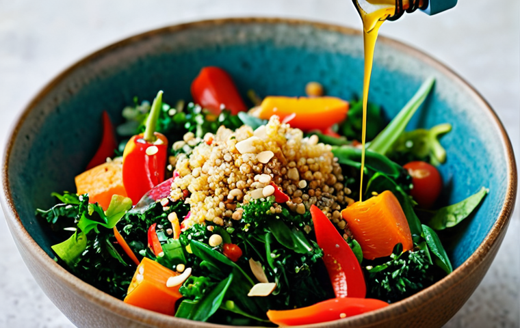 Vibrant Salad Bowl**
"A close-up shot of a colorful and nutritious salad bowl, overflowing with diverse ingredients: dark leafy greens, bright red bell peppers, orange carrots, and cooked quinoa. A drizzle of olive oil dressing is visible. Focus is on the freshness and vibrancy of the food. Background is a softly blurred kitchen setting with natural light. Safe for work, appropriate content, fully clothed, professional, well-lit photography, perfect anatomy, correct proportions, natural colors, high resolution."
**
