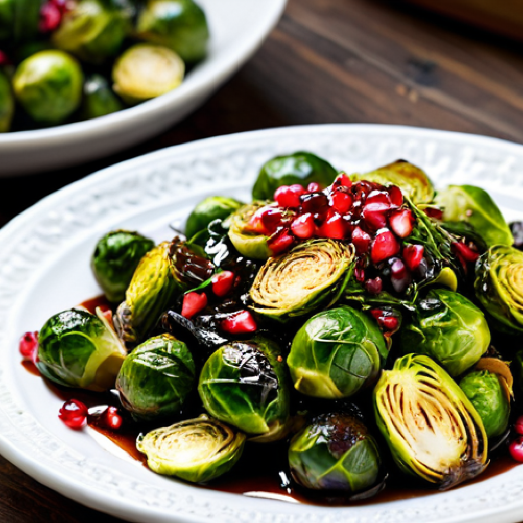 Creative Vegetable Combination**
"A vibrant and colorful vegetable dish featuring roasted Brussels sprouts with pomegranate seeds and a balsamic glaze. The dish is artfully arranged on a rustic wooden table, with natural light highlighting the textures and colors. A scattering of fresh herbs adds to the visual appeal. Focus on capturing the freshness and culinary artistry. Safe for work, appropriate content, fully clothed food ingredients, professional food photography, high quality, perfect composition."
**