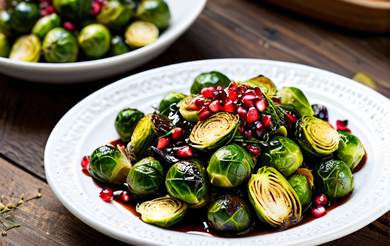 Creative Vegetable Combination**
"A vibrant and colorful vegetable dish featuring roasted Brussels sprouts with pomegranate seeds and a balsamic glaze. The dish is artfully arranged on a rustic wooden table, with natural light highlighting the textures and colors. A scattering of fresh herbs adds to the visual appeal. Focus on capturing the freshness and culinary artistry. Safe for work, appropriate content, fully clothed food ingredients, professional food photography, high quality, perfect composition."
**