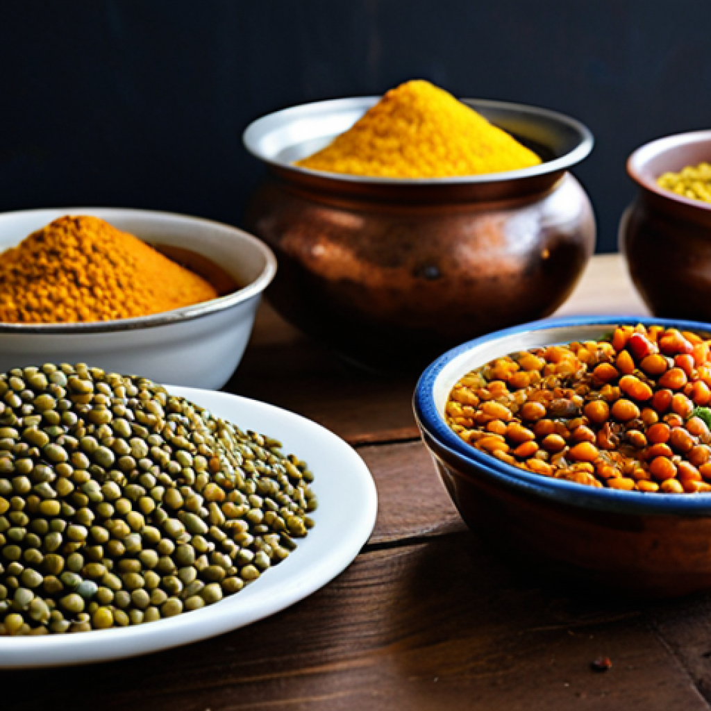 채식 요리의 다양성 각국의 독특한 재료 활용법 - Indian Dal Scene**
"A vibrant and colorful spread of Indian dals, each in its own small bowl, arran...