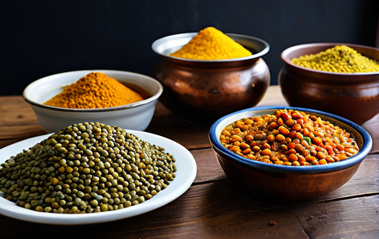 채식 요리의 다양성 각국의 독특한 재료 활용법 - Indian Dal Scene**
"A vibrant and colorful spread of Indian dals, each in its own small bowl, arran...