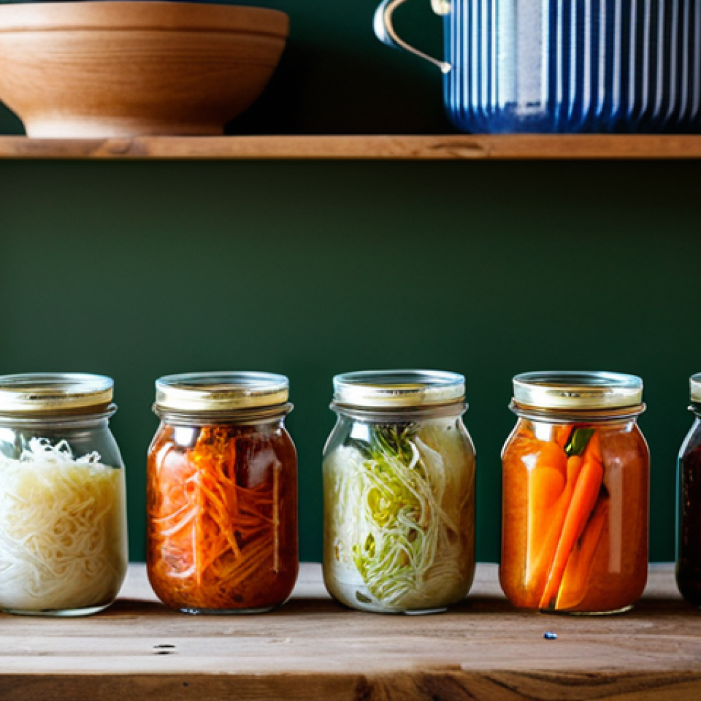 채식 요리에서의 발효 음식 활용법 - **Subject:** A vibrant display of various fermented vegetables, including carrots, kimchi, and sauer...