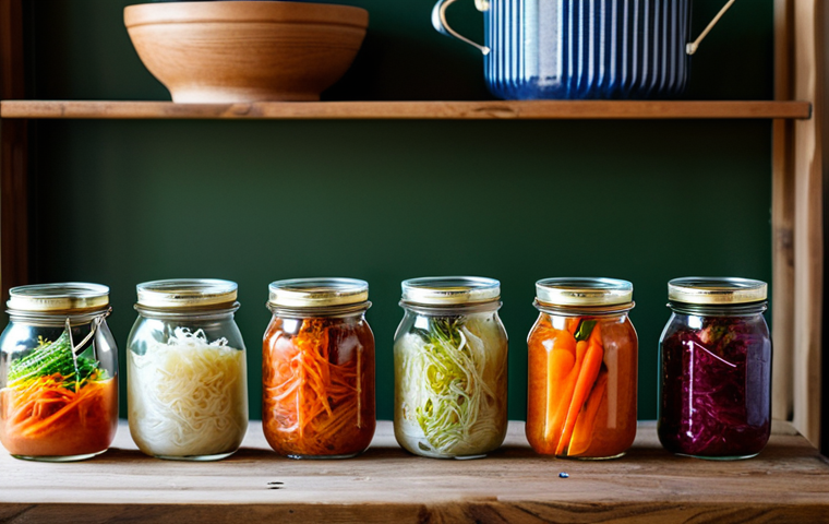 채식 요리에서의 발효 음식 활용법 - **Subject:** A vibrant display of various fermented vegetables, including carrots, kimchi, and sauer...
