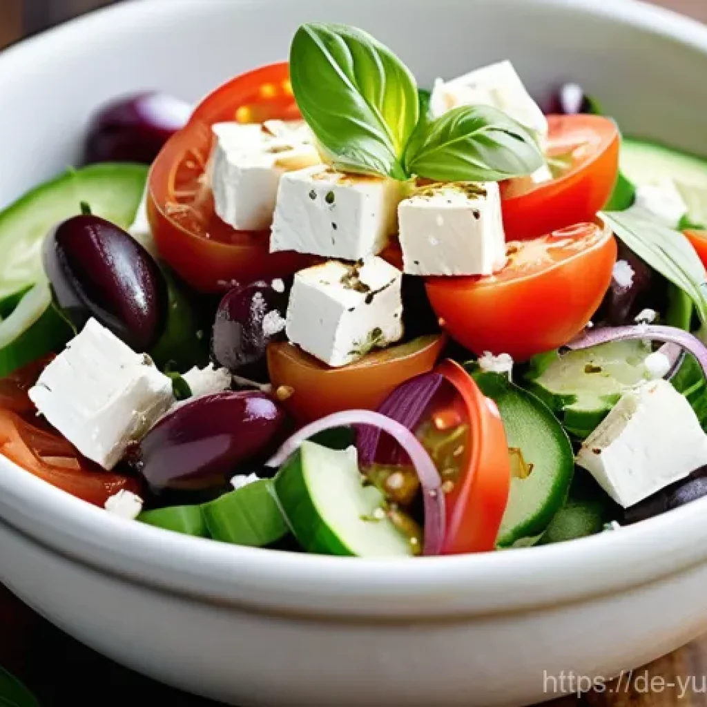 채식 요리에 적합한 세계의 샐러드 조합 - **Vibrant Mediterranean Greek Salad with Plant-Based Feta:**
A visually appealing, brightly lit ...