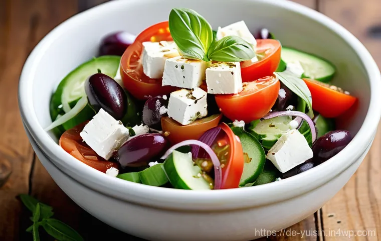 채식 요리에 적합한 세계의 샐러드 조합 - **Vibrant Mediterranean Greek Salad with Plant-Based Feta:**
A visually appealing, brightly lit ...
