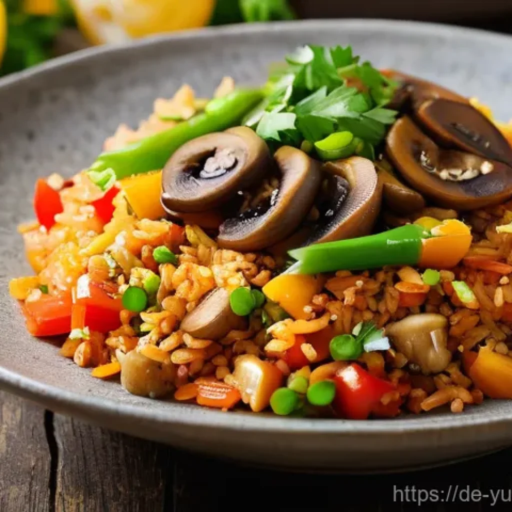 아시아 채식 요리 토마토 소스 볶음밥 레시피 - **Prompt:** A vibrant, close-up shot of a steaming bowl of "Gebratener Reis mit Tomaten-Kick" (Fried...