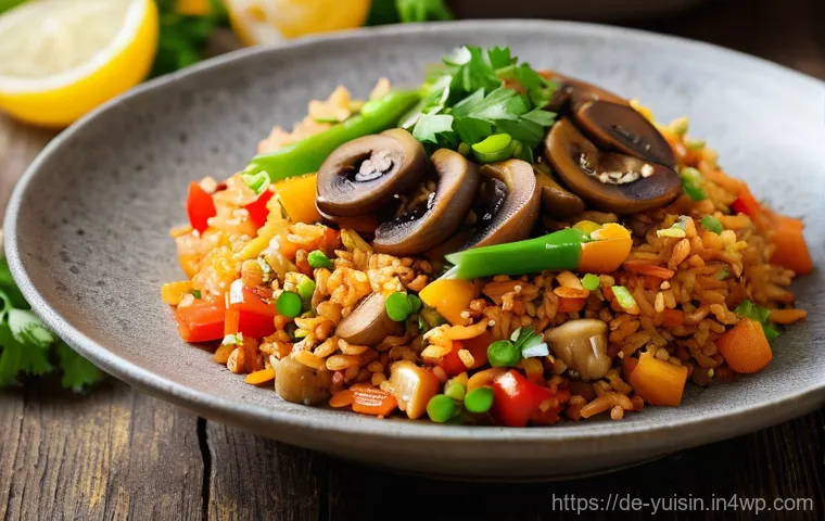 아시아 채식 요리 토마토 소스 볶음밥 레시피 - **Prompt:** A vibrant, close-up shot of a steaming bowl of "Gebratener Reis mit Tomaten-Kick" (Fried...