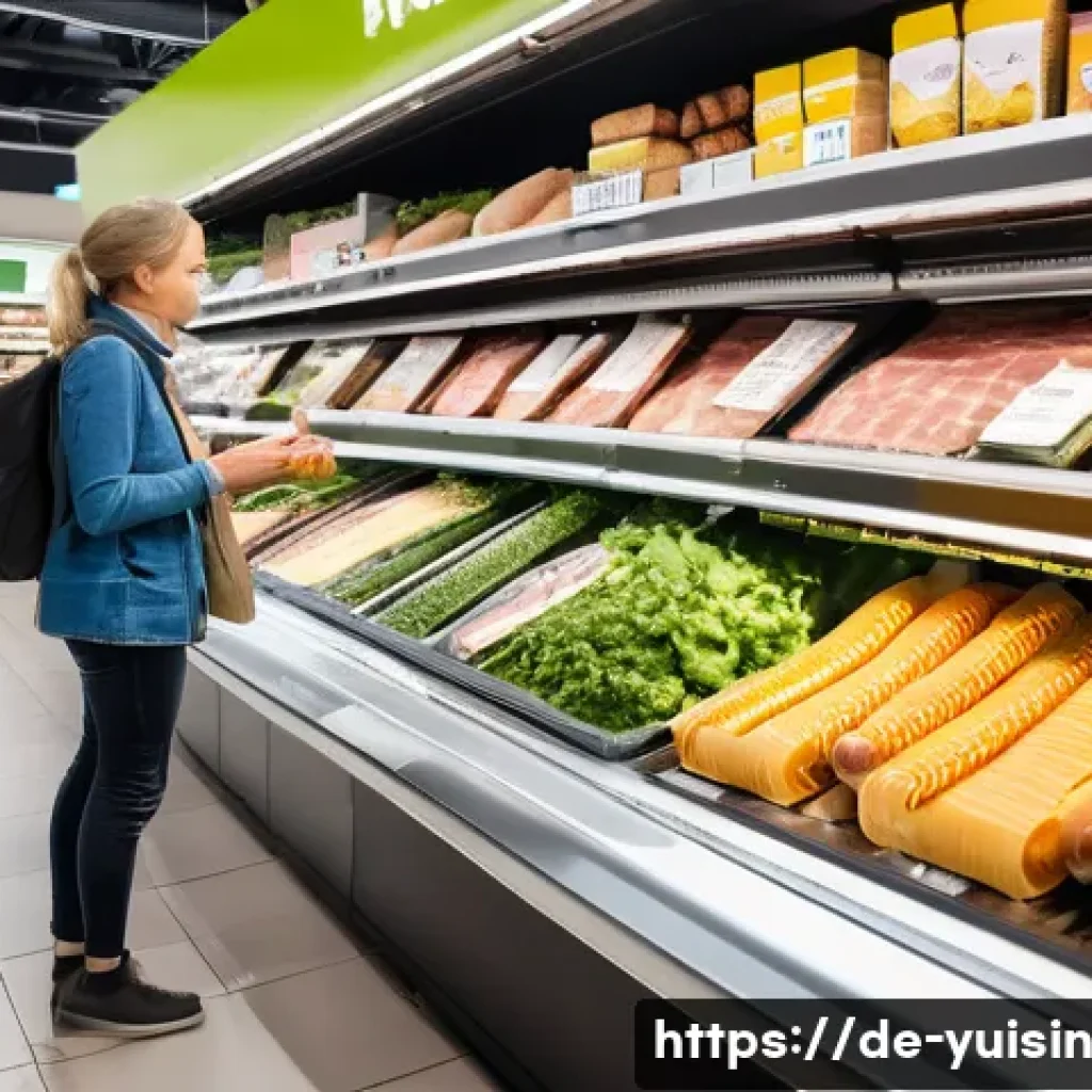 채식용 대체 육류 글로벌 트렌드 분석 - **Prompt 1: The Modern German Supermarket Aisle of Plant-Based Delights**
A wide, eye-level shot...