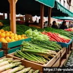 Home 21 채식 요리의 신선한 재료 선택법 마켓 가이드 - A vibrant farmers’ market scene in Germany during spring, showcasing a colorful variety of fresh, se...