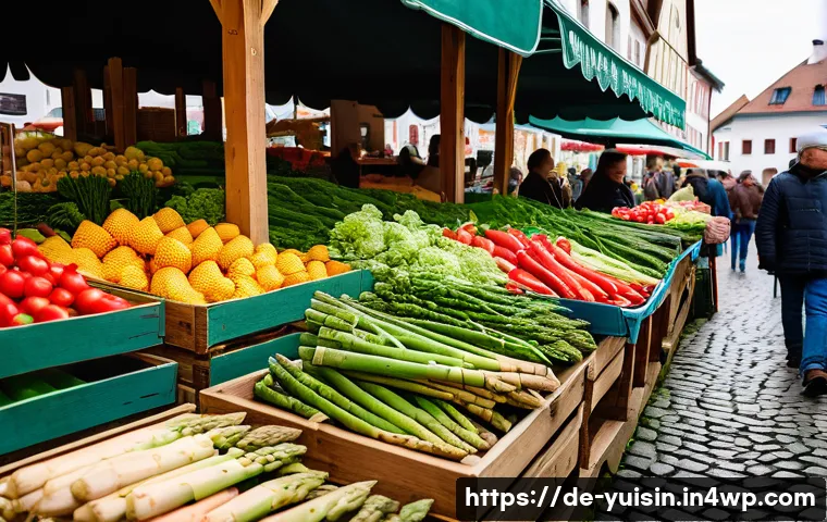 채식 요리의 신선한 재료 선택법 마켓 가이드 - A vibrant farmers’ market scene in Germany during spring, showcasing a colorful variety of fresh, se...