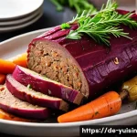 Home 20 채식 요리로 만드는 전통 명절 음식 - A festive vegan seitan roast on a rustic wooden table, featuring a golden-brown crust with visible h...