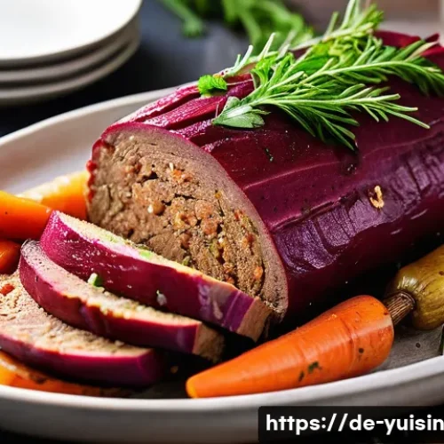 Home 32 채식 요리로 만드는 전통 명절 음식 - A festive vegan seitan roast on a rustic wooden table, featuring a golden-brown crust with visible h...