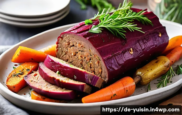 채식 요리로 만드는 전통 명절 음식 - A festive vegan seitan roast on a rustic wooden table, featuring a golden-brown crust with visible h...