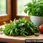 Home 18 채식 요리의 맛을 높이는 조미료 사용법 - A vibrant, rustic kitchen scene featuring fresh herbs like basil, coriander, and parsley artfully ar...
