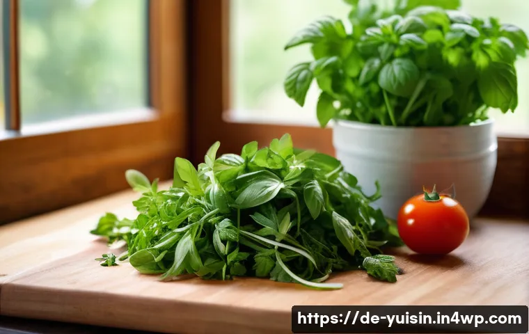 채식 요리의 맛을 높이는 조미료 사용법 - A vibrant, rustic kitchen scene featuring fresh herbs like basil, coriander, and parsley artfully ar...