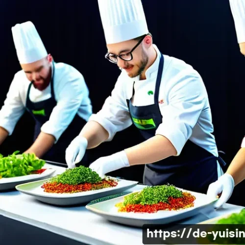 Home 17 세계의 채식 요리 대회 및 인기 요리사 - A vibrant international plant-based cooking competition scene set in a modern, well-lit kitchen aren...
