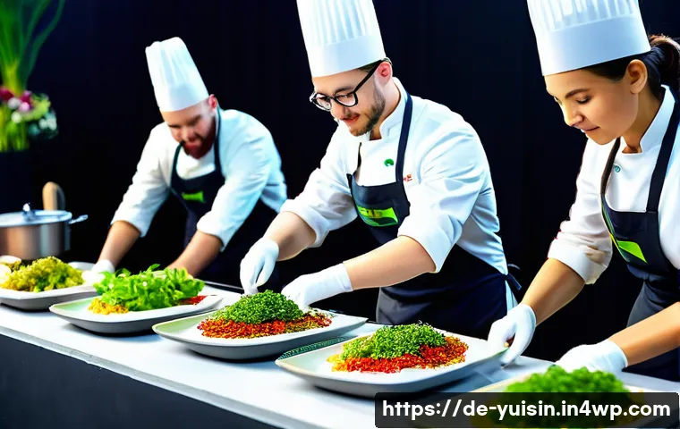 세계의 채식 요리 대회 및 인기 요리사 - A vibrant international plant-based cooking competition scene set in a modern, well-lit kitchen aren...